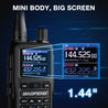 Black UV-5R Mini with large digital display on a blue background, featuring the brand 'Baofeng'.