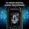 Baofeng DM-32UV 10W Multi-Band DMR Radio digital audio recorder with 10-hour digital audio recording text on a blue digital background