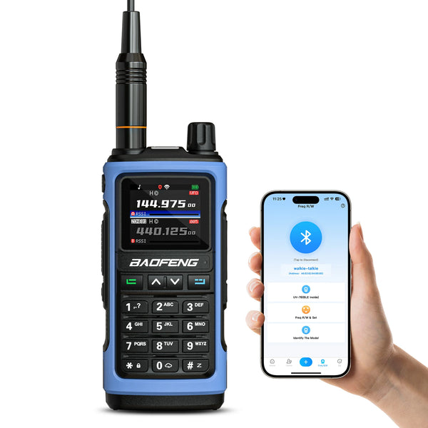 Blue UV-7B walkie-talkie with digital display and smartphone showing app interface on a white background