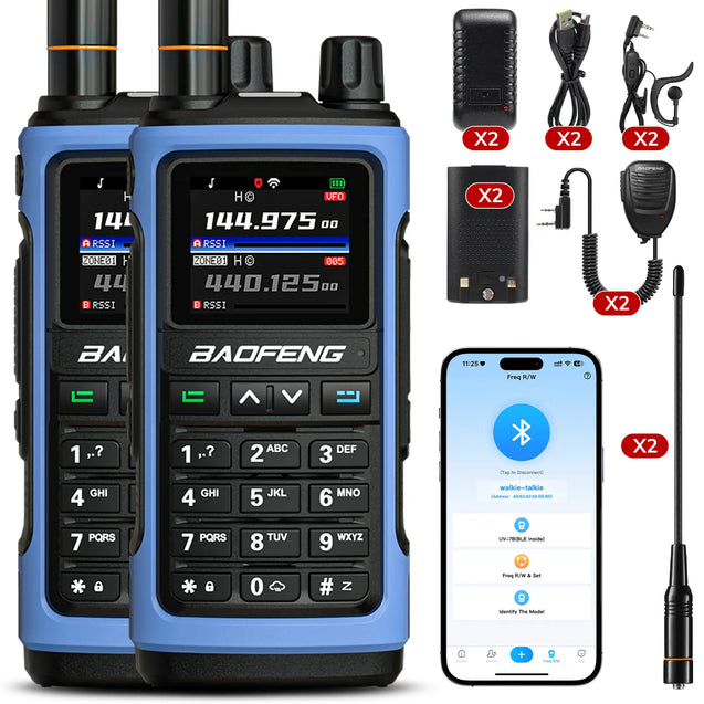 Blue Baofeng UV-7B with accessories on a white background