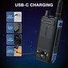 UV-7B Walkie talkie with USB-C charging options on a dark blue background
