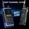 Two walkie-talkies with digital displays on a dark background with text 'Easy Channel Clone'.
