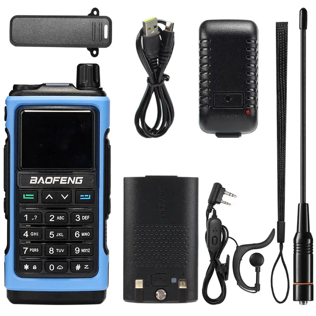 Baofeng UV-7B walkie talkie set with accessories on a white background