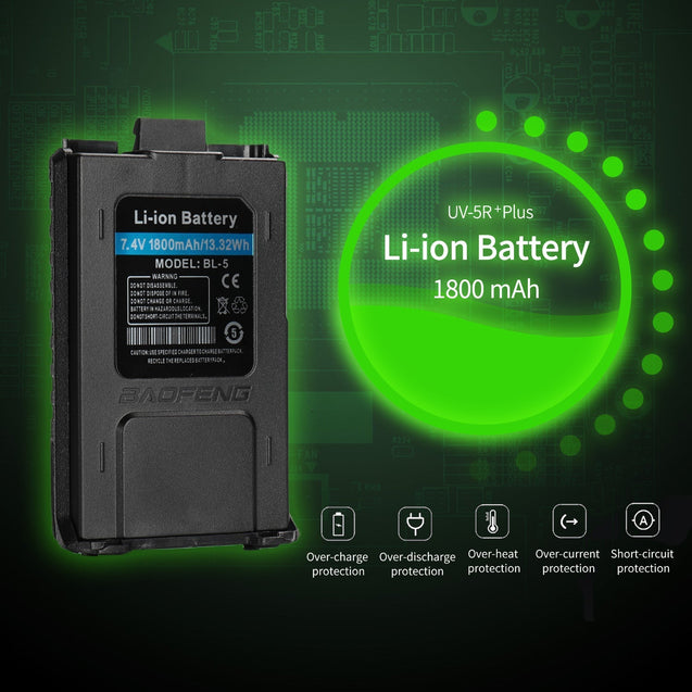 UV-5R+PLUS 5W Dual Band Radio, UK Plug battery