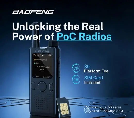 Product banner for Alervites PoC-AT1 PoC Radio with text 'Unlocking the Real Power of PoC Radios', highlighting key features including $0 Platform Fee, and SIM Card Included alongside an image of the radio device and SIM card.