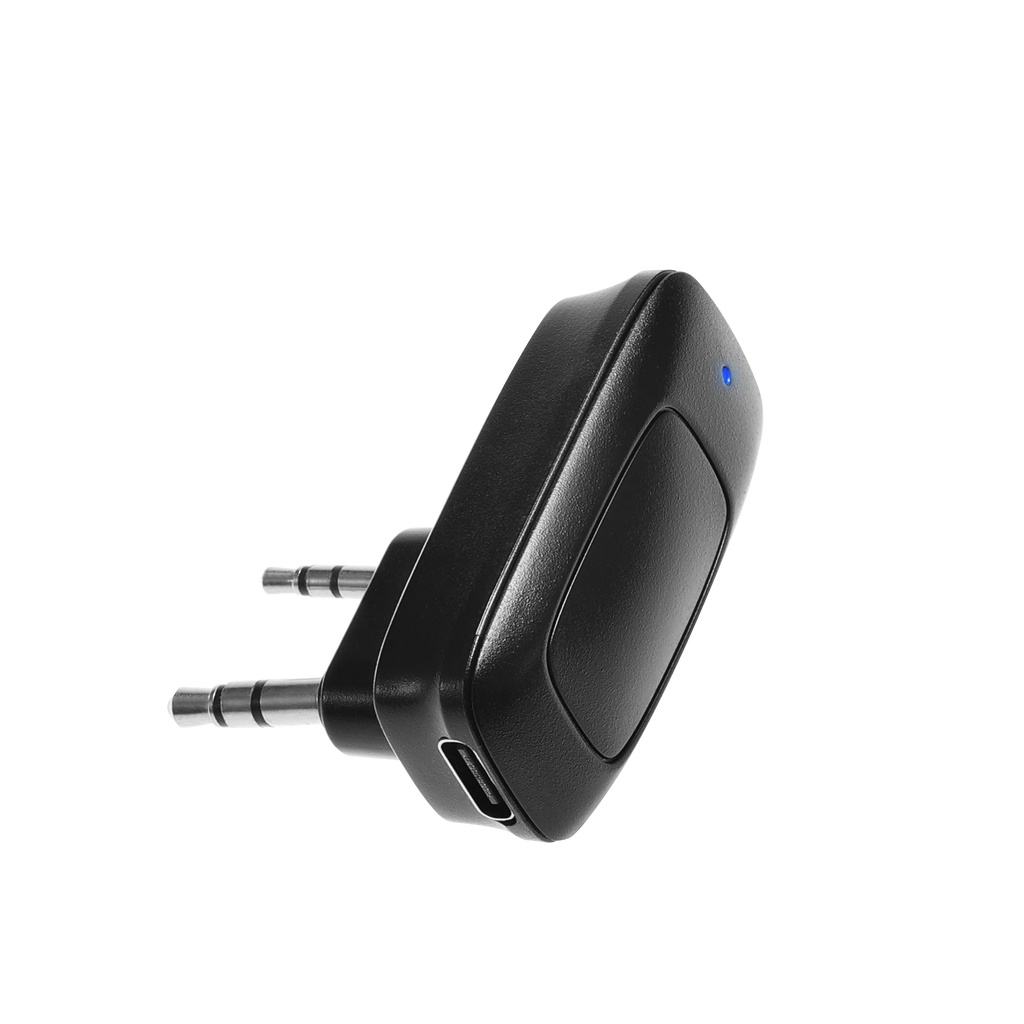 Black Bluetooth adapter with USB and audio jack on a white background