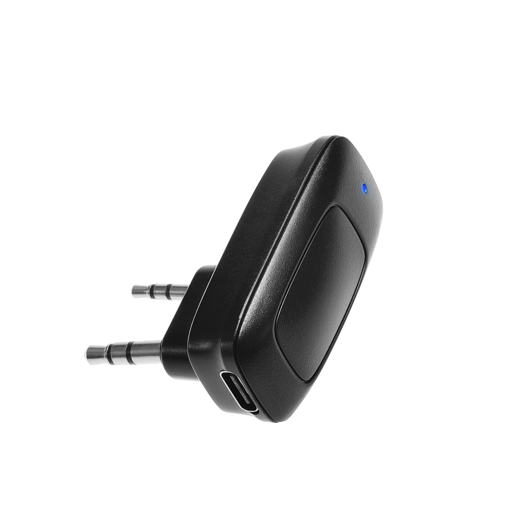 Black Bluetooth adapter with USB and audio jack on a white background