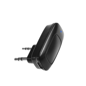 Black Bluetooth adapter with USB and audio jack on a white background