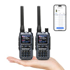 Two walkie-talkies held in a hand with a smartphone displaying app interface on a white background