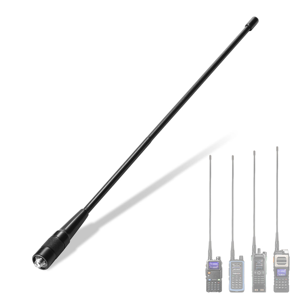 Black antenna with three electronic devices on a white background
