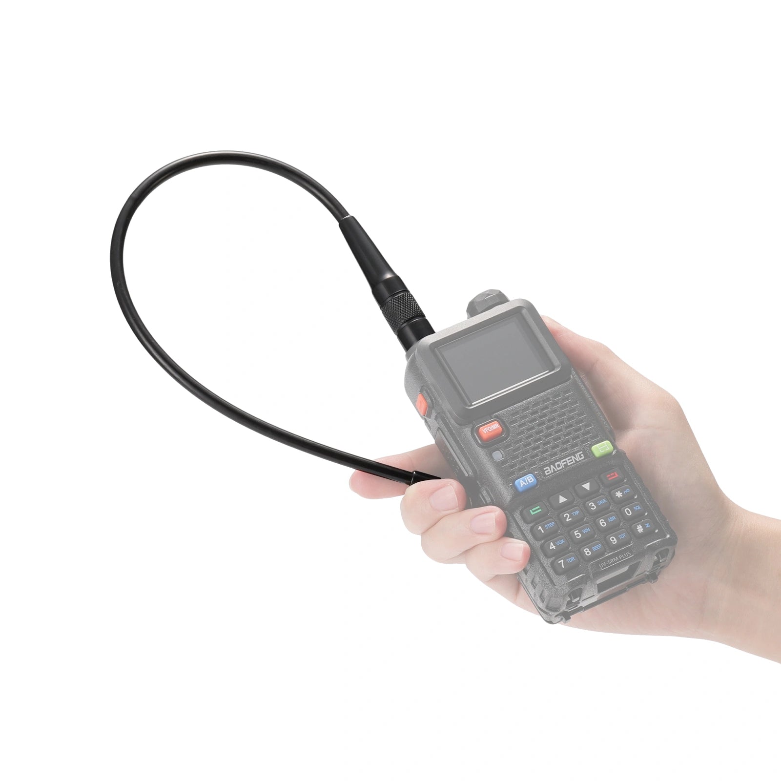 Hand holding a handheld electronic device with a V100C Airband & 1.25M Antenna on a white background
