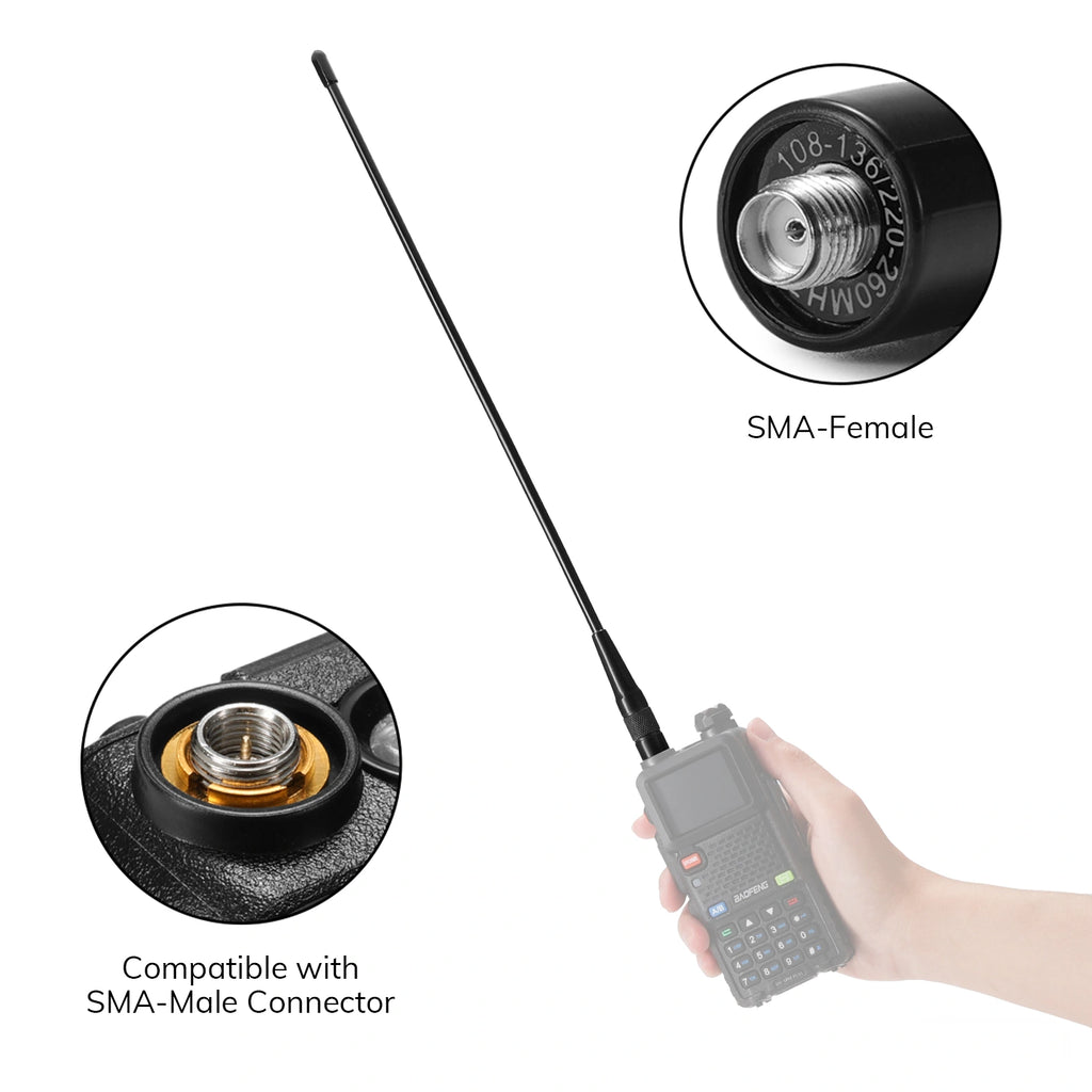 Black V100C Airband & 1.25M Antenna with SMA-Female connector and close-up of SMA-Male connector, held by a hand.