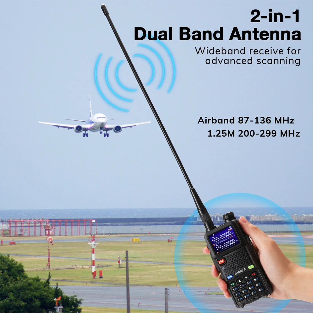 2-in-1 Dual Band V100C Airband & 1.25M Antenna with airplane and airport background