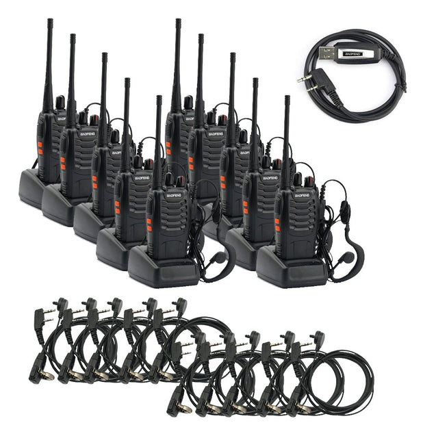 BF-888S [10 Pack + 10 Acoustic Earpiece + 1 Cable] 5W UHF Radio Baofeng