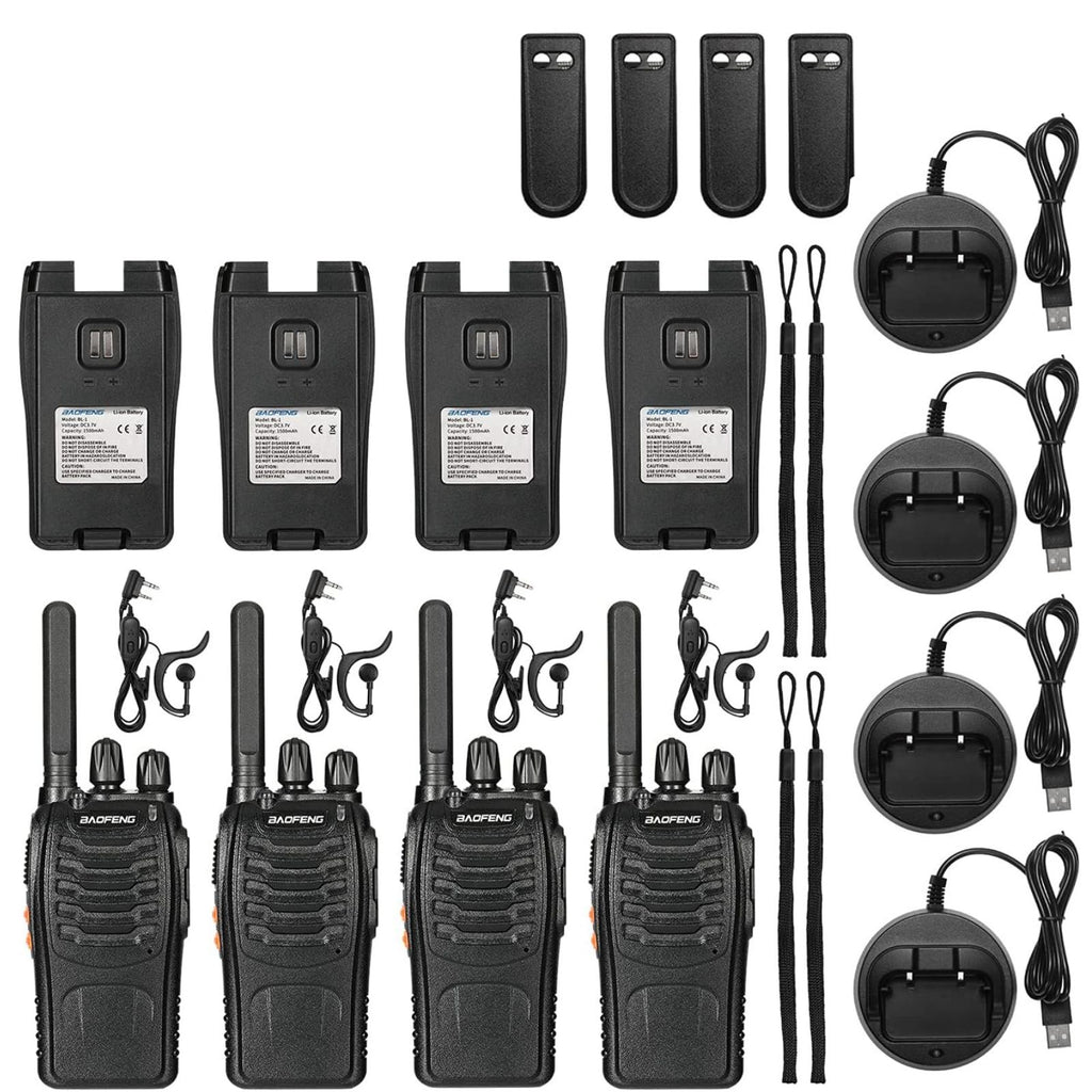 Set of walkie-talkies with accessories on a white background