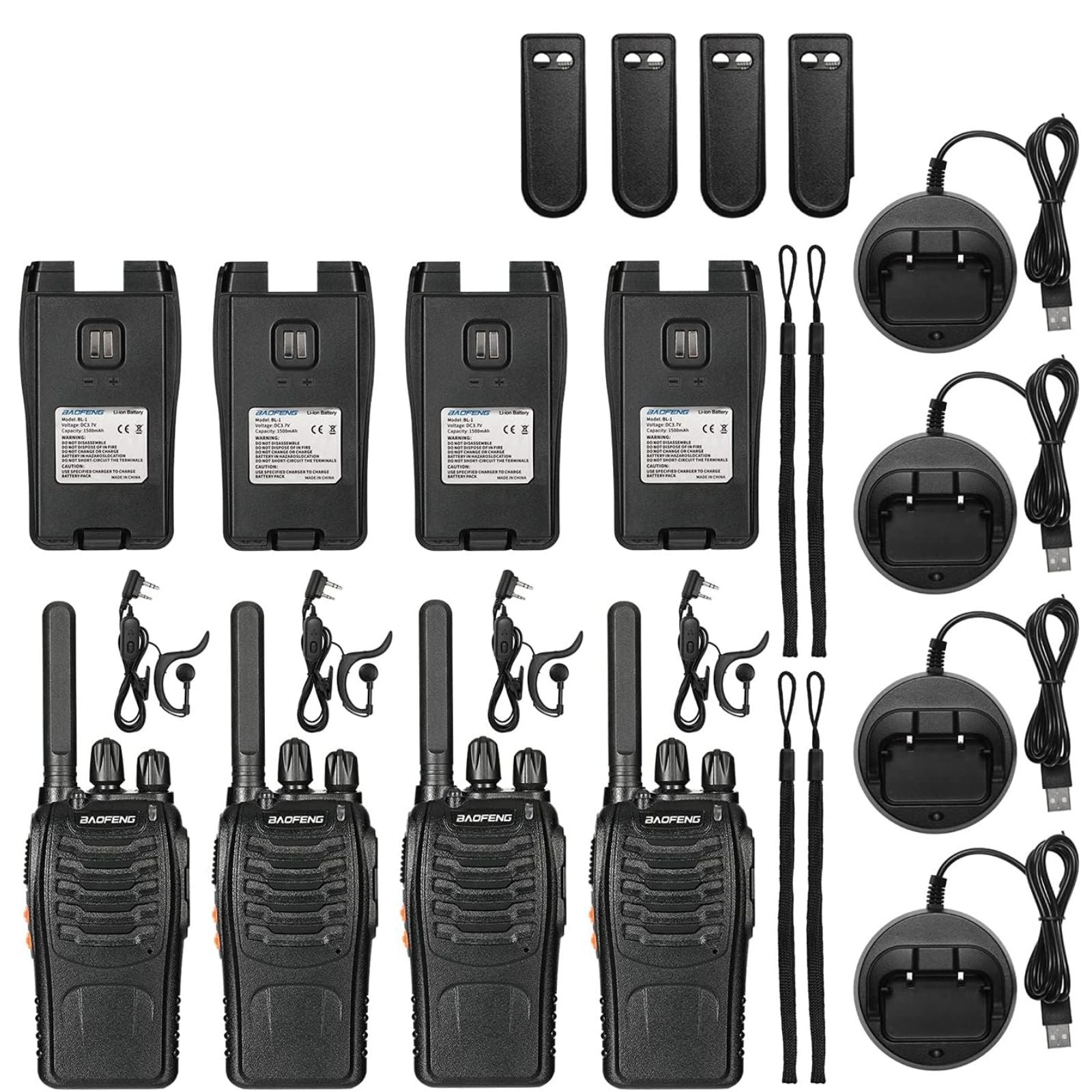 Set of walkie-talkies with accessories on a white background