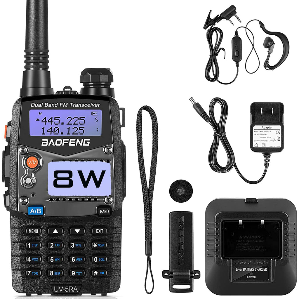 Baofeng UV-5RA walkie talkie with accessories on a white background