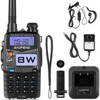 Baofeng UV-5RA walkie talkie with accessories on a white background