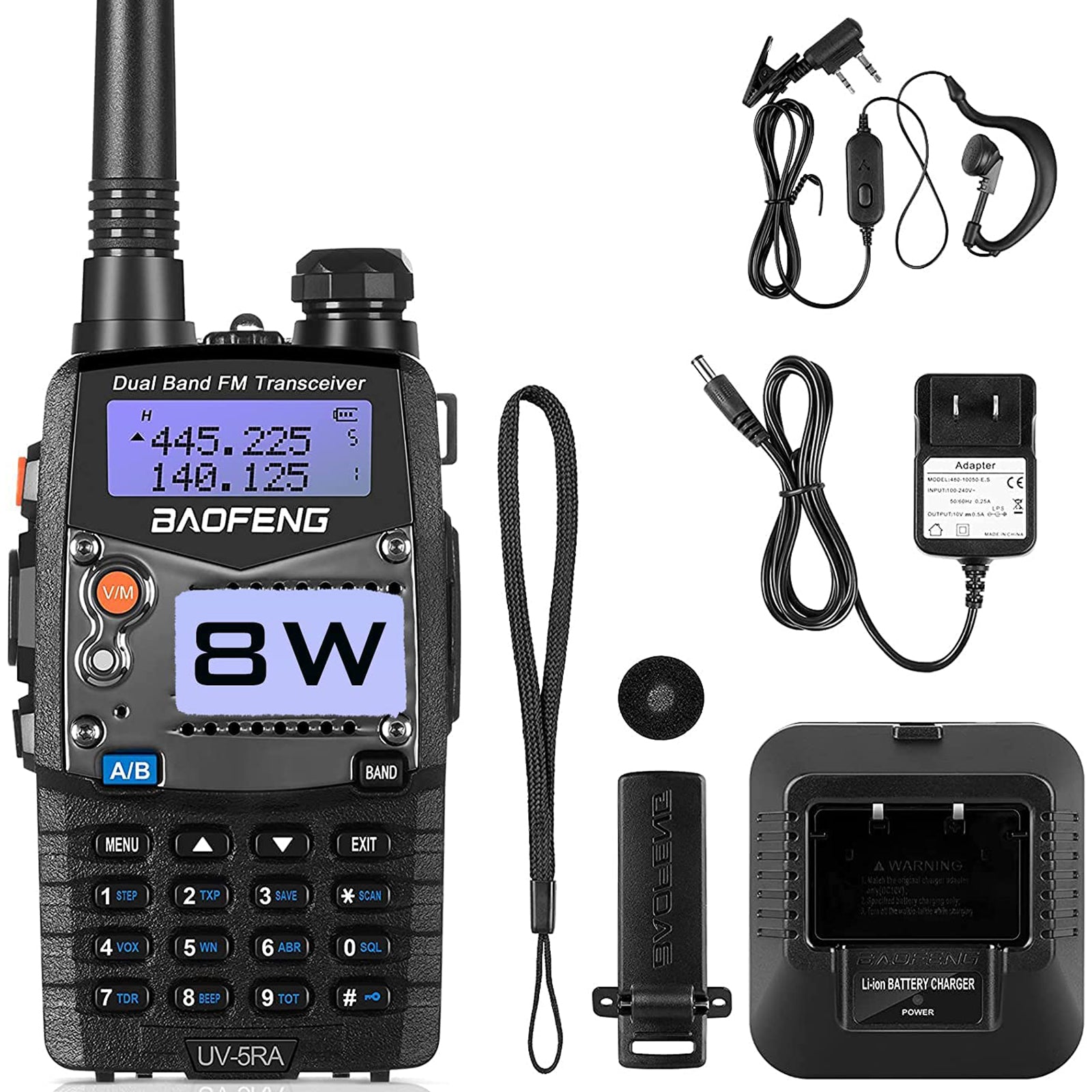 Baofeng UV-5RA walkie talkie with accessories on a white background