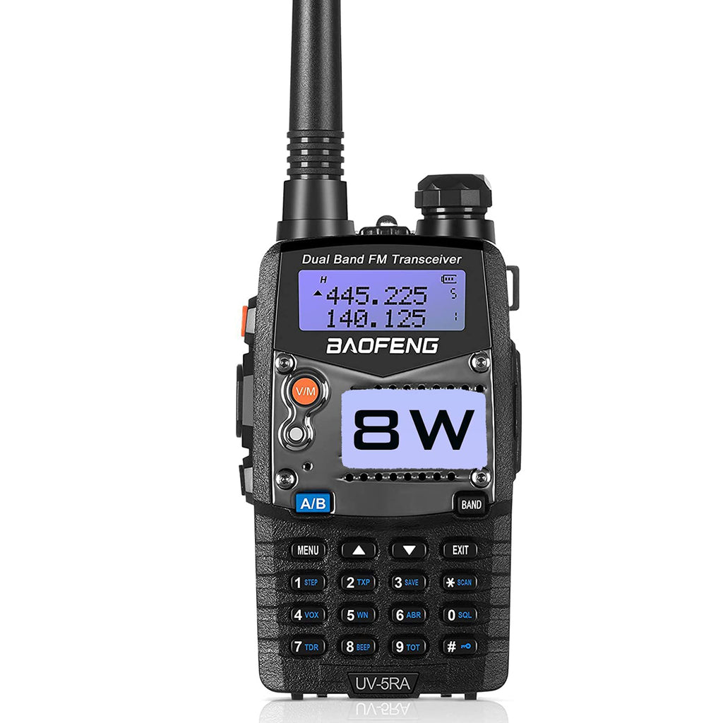 Black Baofeng UV-5RA walkie-talkie with digital display on a white background