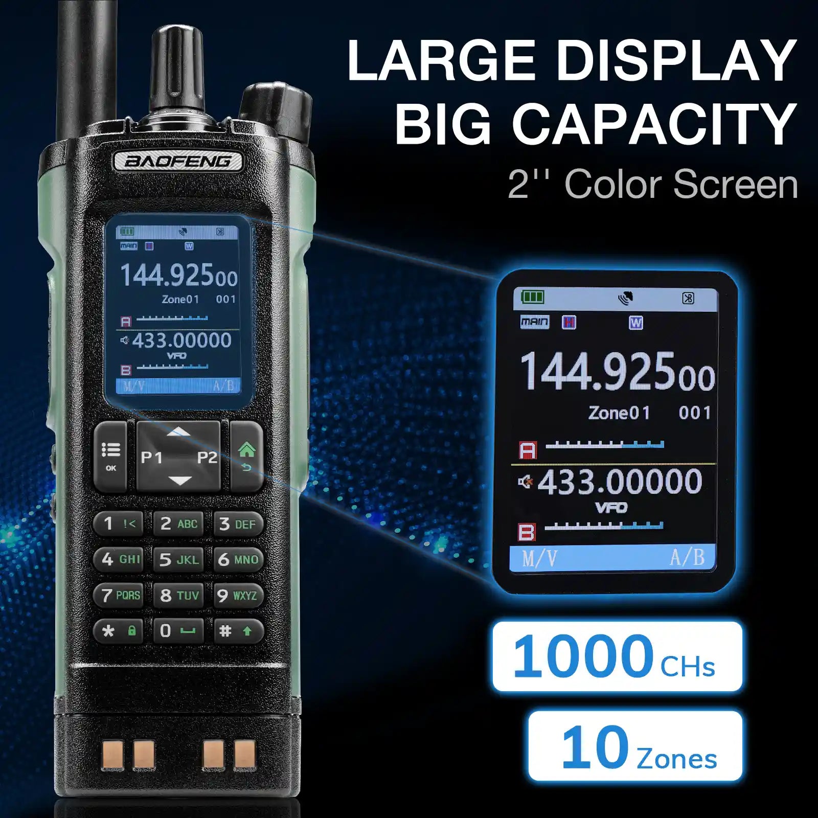 Baofeng UV-32 walkie talkie with large display and color screen on a dark background