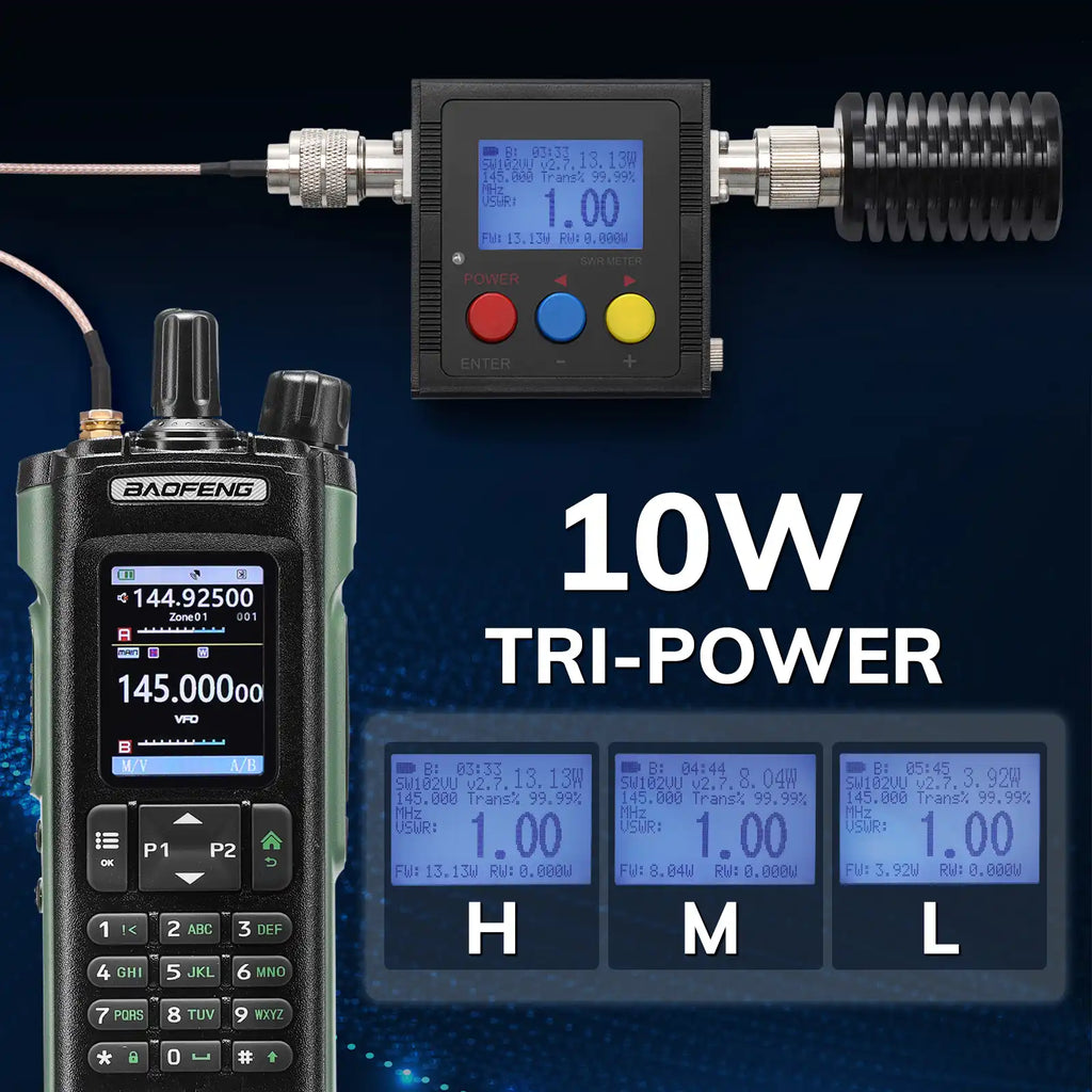 Tri-power UV-32 radio equipment with digital displays and power output indicators on a dark background.