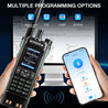 Baofeng UV-32 radio with smartphone app showing multiple programming options on a dark background