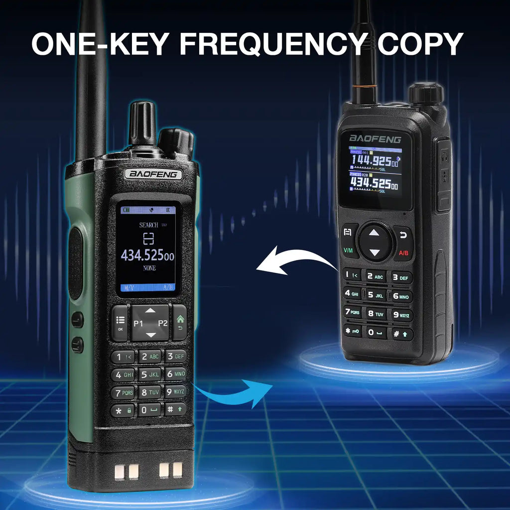Two walkie-talkies with digital displays on a blue grid background, highlighting the 'One-Key Frequency Copy' feature.