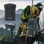Rugged UV-32 with battery pack and mount on a backpack against a mountainous background