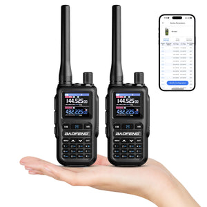 Two UV-5R Minis held in a hand with a smartphone displaying app interface.