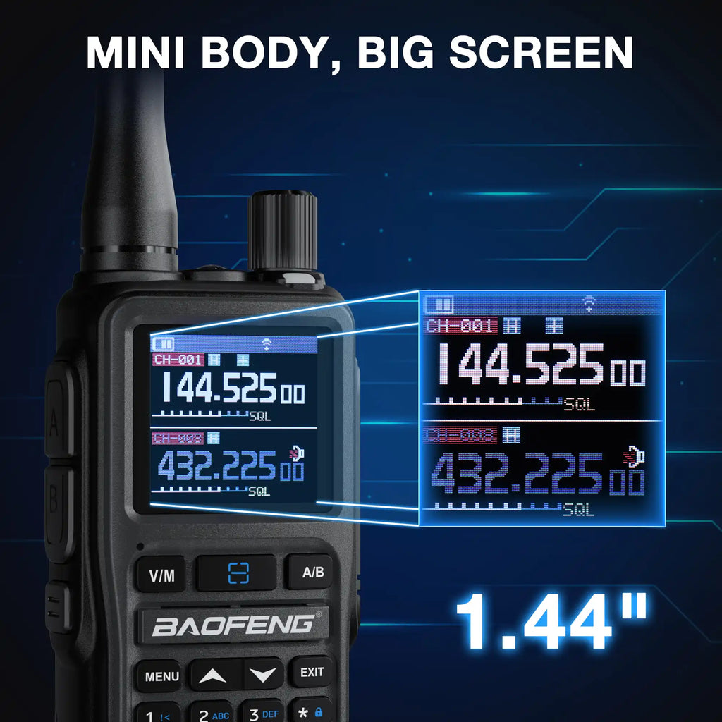 Black UV-5R Mini with large digital display on a blue background, featuring the brand 'Baofeng'.