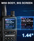 Black UV-5R Mini with large digital display on a blue background, featuring the brand 'Baofeng'.