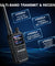 Black UV-5R Mini with digital display on a dark blue background with technical text.