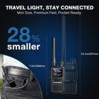 UV-5R Mini with dimensions and text 'Travel Light, Stay Connected' on a blue background