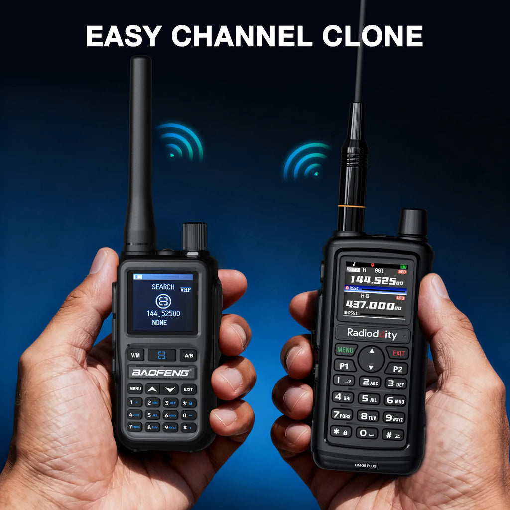Two walkie-talkies held in hands with a blue background and 'Easy Channel Clone' text.