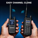 Two walkie-talkies held in hands with a blue background and 'Easy Channel Clone' text.
