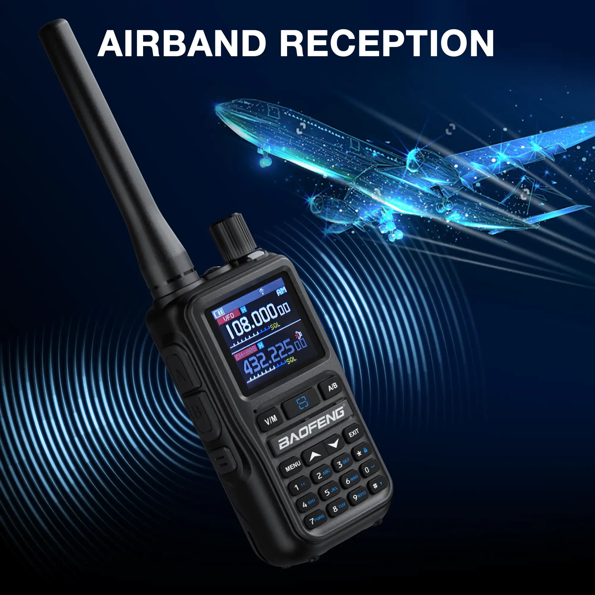 UV-5R Mini with digital display on a dark background with airplane illustration