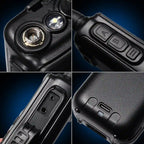 Collage of close-up details of a black electronic device on a blue gradient background