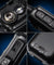 Collage of close-up details of a black electronic device on a blue gradient background