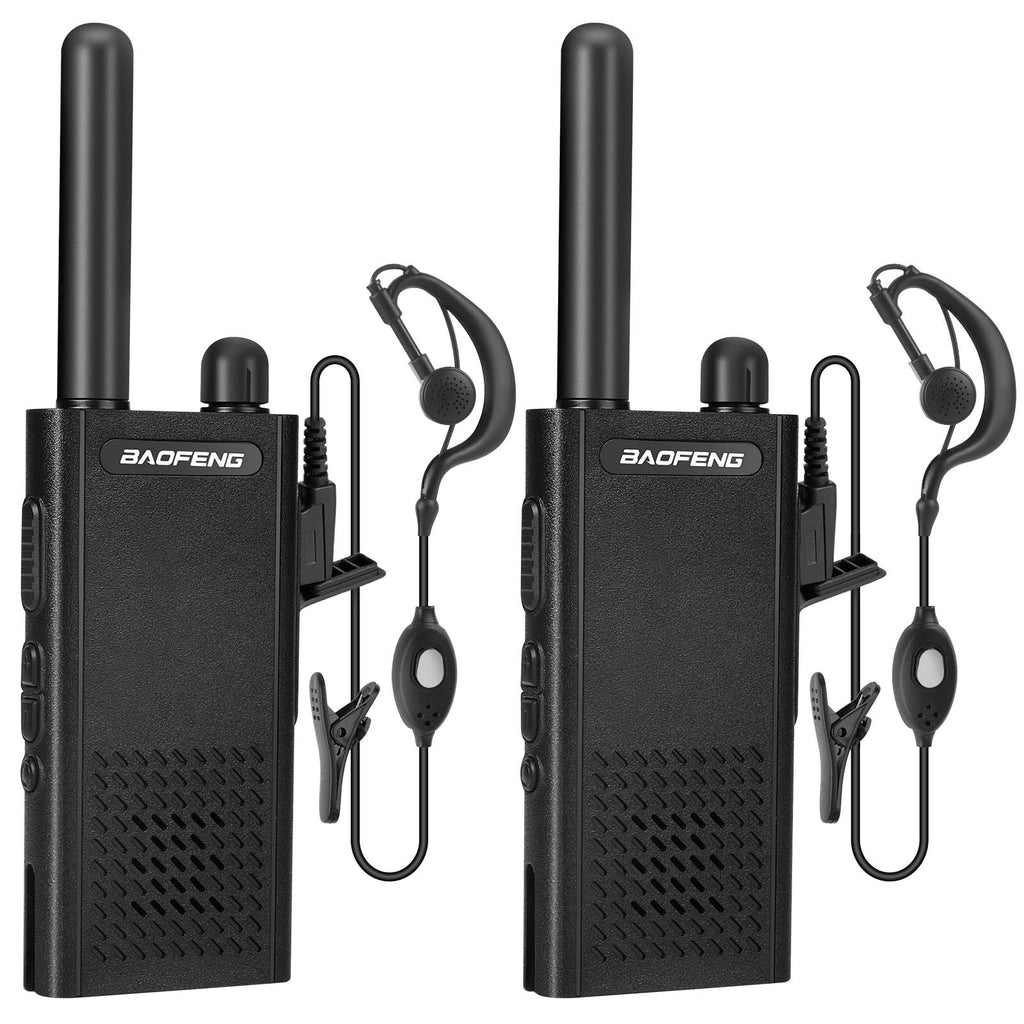 Two BF-T26 black walkie-talkies with earpieces on a white background, featuring the Baofeng brand.