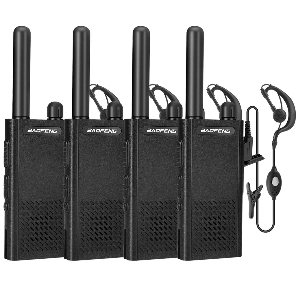 Four BF-T26 black walkie-talkies with earpieces on a white background