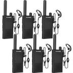 Set of six BF-T26 black Baofeng walkie-talkies with earpieces on a white background
