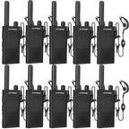 Set of 10 BF-T26 black Baofeng walkie-talkies with earpieces on a white background