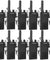 Set of 10 BF-T26 black Baofeng walkie-talkies with earpieces on a white background