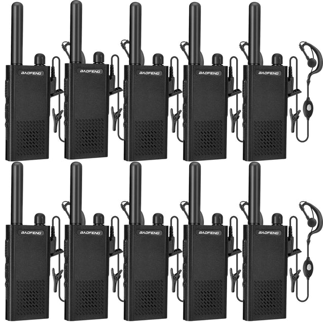 Set of 10 BF-T26 black Baofeng walkie-talkies with earpieces on a white background