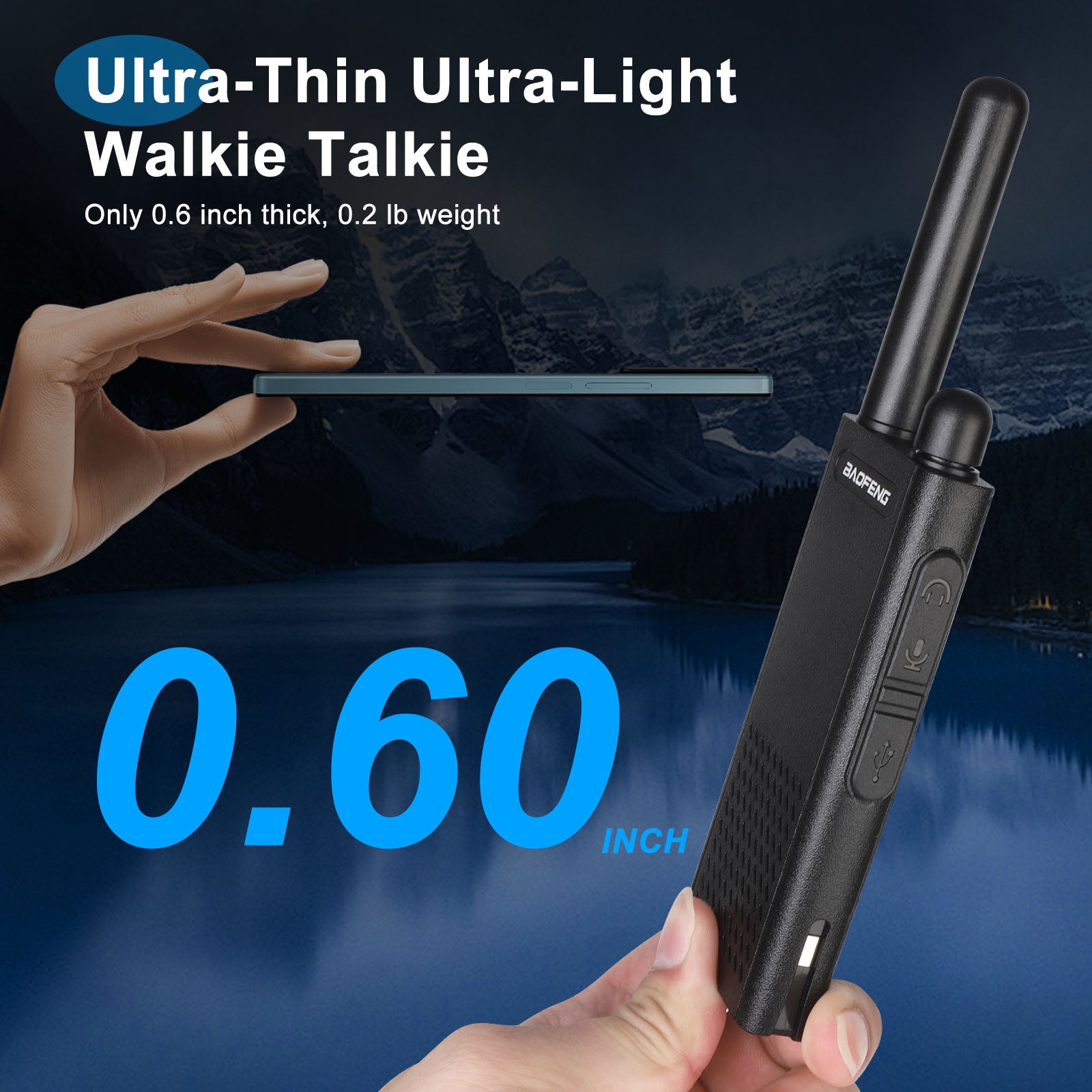 Ultra-thin BF-T26 walkie talkie held by a hand with scenic background