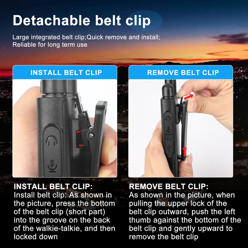 Instructions on how to install and remove a detachable belt clip with a sunset background.