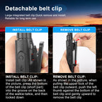 Instructions on how to install and remove a detachable belt clip with a sunset background.