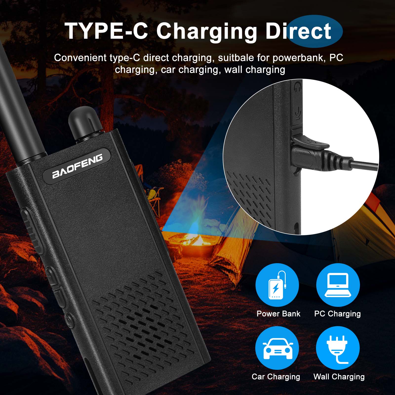 Baofeng BF-T26 walkie-talkie with Type-C charging feature on a camping background