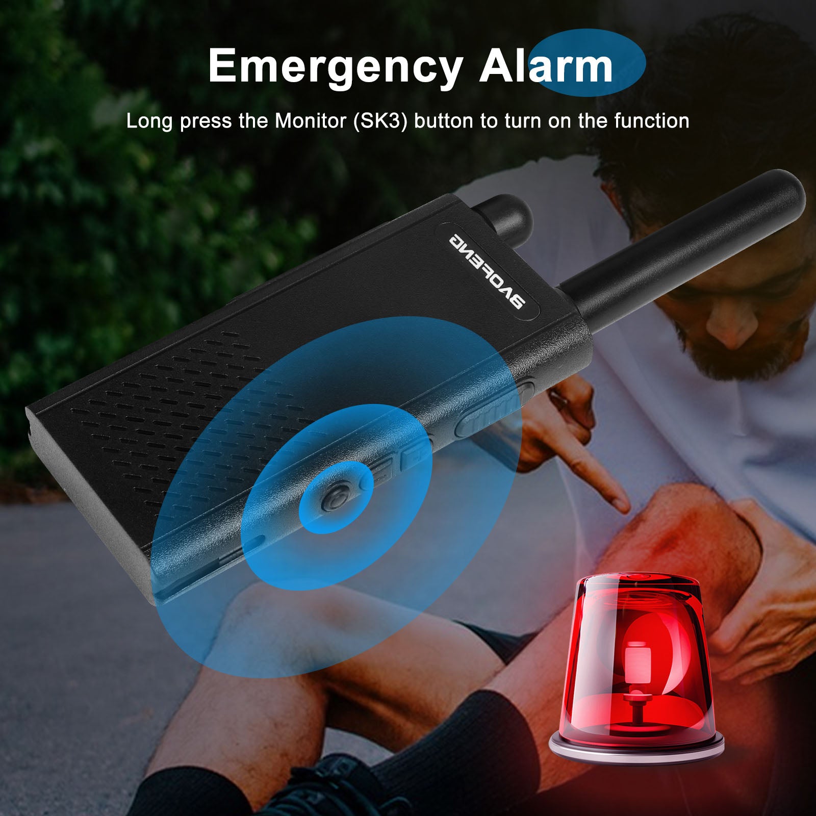 Emergency alarm BF-T26 with a person pressing a button, surrounded by a dark filter.